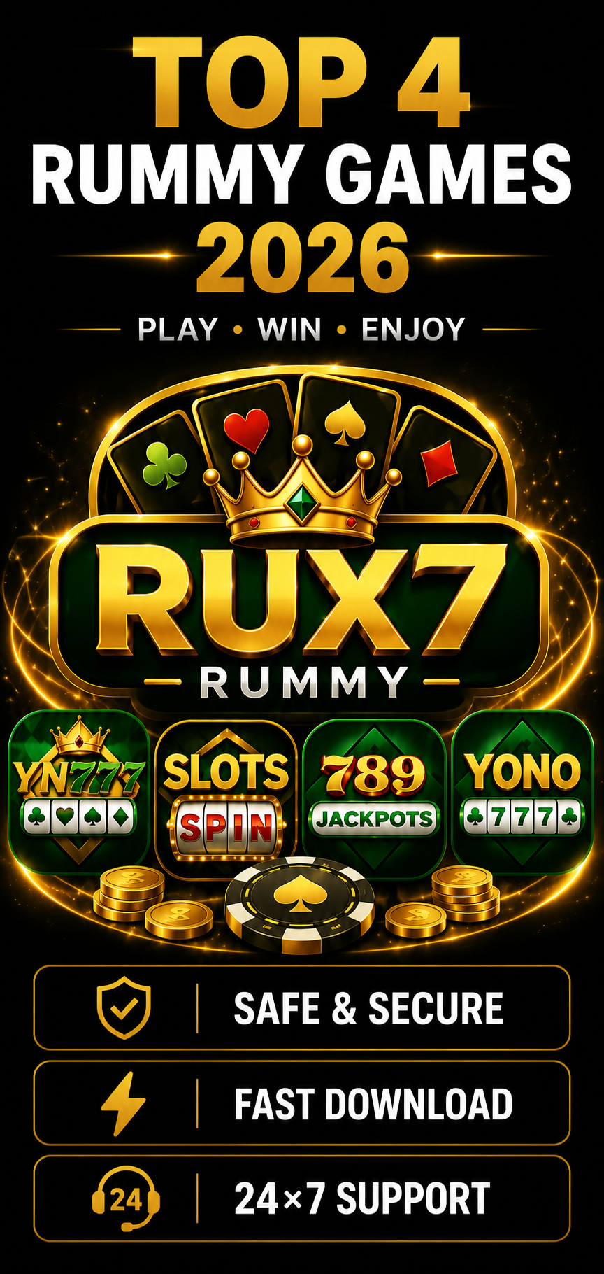 Top 4 Rummy Games 2026 RUX7 Rummy App Download Safe Secure Fast Download 24x7 Support Mobile Gaming Platform